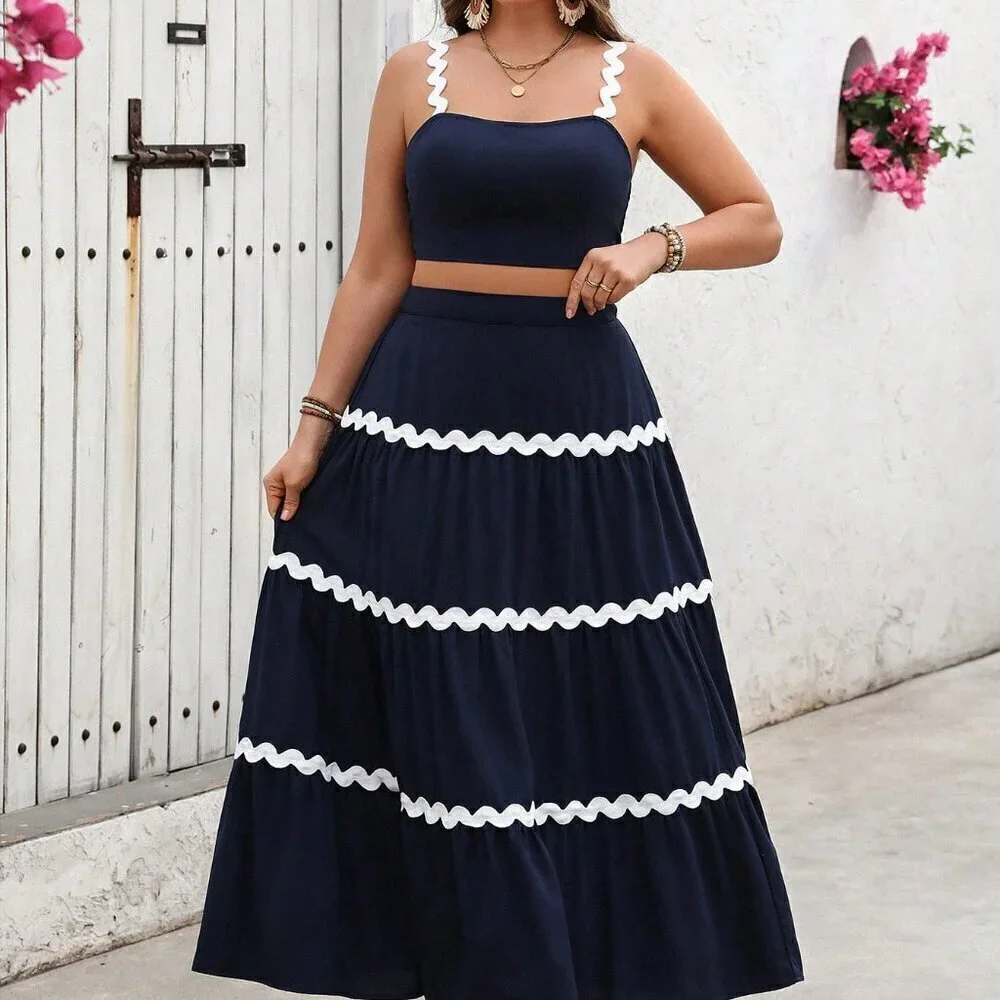 Navy Blue Boho Women's Plus Size Ruffle Trim Camisole And Mini Skirt Set